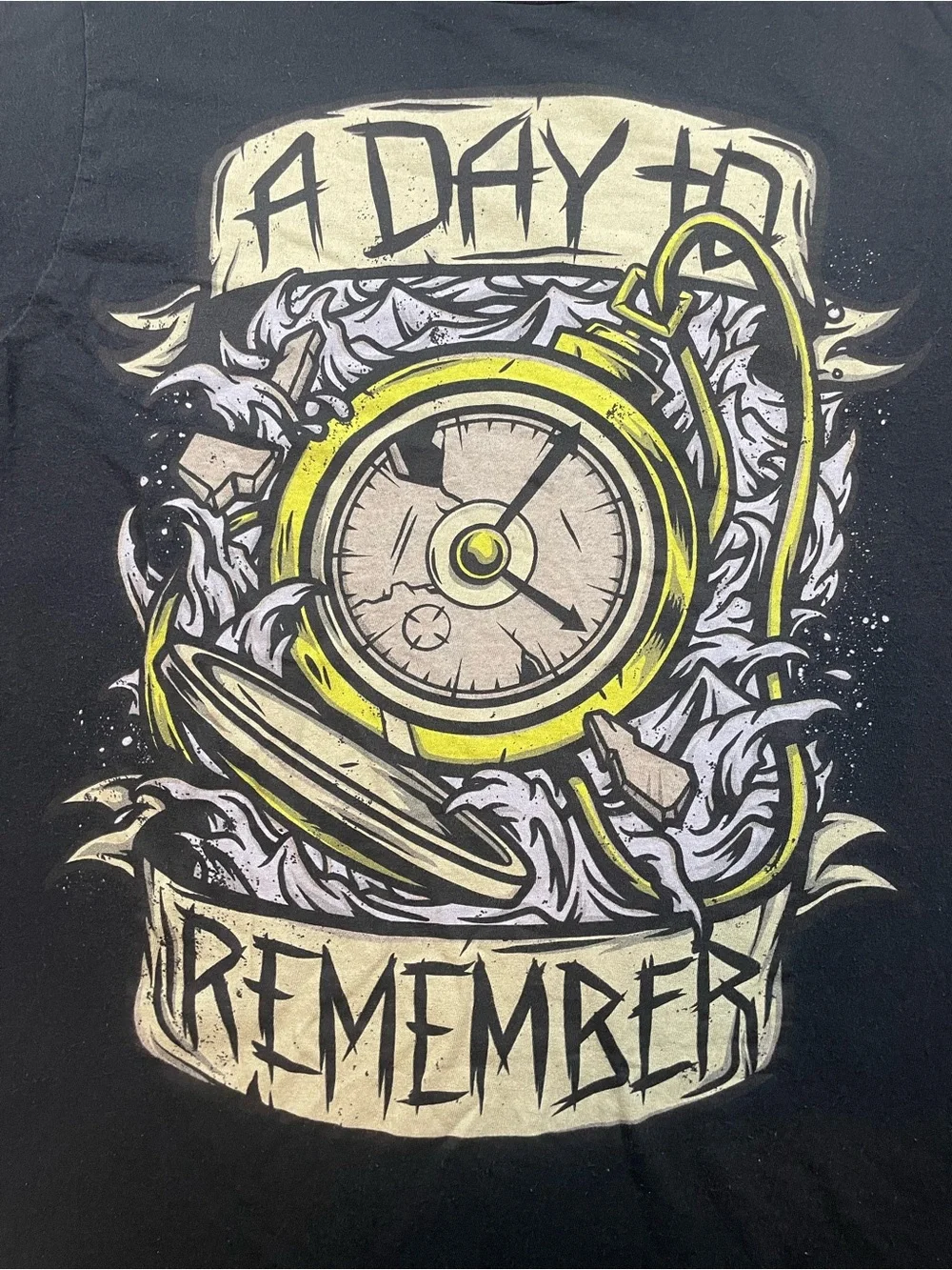 A Day to Remember Black Short Sleeve Tee with Yellow Pocket Watch Graphic